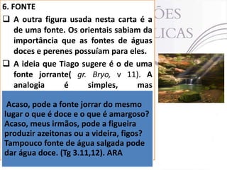 6. FONTE
 A outra figura usada nesta carta é a
de uma fonte. Os orientais sabiam da
importância que as fontes de águas
doces e perenes possuíam para eles.
 A ideia que Tiago sugere é o de uma
fonte jorrante( gr. Bryo, v 11). A
analogia
é
simples,
mas
extremamente forte, assim como das
Acaso, pode a fonte jorrar do mesmo
fontes
jorravam
águas
lugar o que é doce e o que é amargoso?o
doces,
próprias
para
Acaso, meus irmãos, pode a figueira
consumo, assim também a nossa
produzir azeitonas ou a videira, figos?
língua deve ser. (Tg 3.11,12).
Tampouco fonte de água salgada pode
dar água doce. (Tg 3.11,12). ARA

 