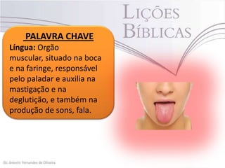 PALAVRA CHAVE
Língua: Orgão
muscular, situado na boca
e na faringe, responsável
pelo paladar e auxilia na
mastigação e na
deglutição, e também na
produção de sons, fala.

 