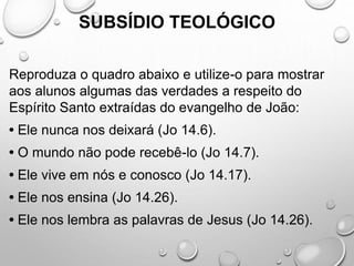 SUBSÍDIO TEOLÓGICO
Reproduza o quadro abaixo e utilize-o para mostrar
aos alunos algumas das verdades a respeito do
Espírito Santo extraídas do evangelho de João:
• Ele nunca nos deixará (Jo 14.6).
• O mundo não pode recebê-lo (Jo 14.7).
• Ele vive em nós e conosco (Jo 14.17).
• Ele nos ensina (Jo 14.26).
• Ele nos lembra as palavras de Jesus (Jo 14.26).
 