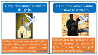 O Espírito Santo é o Senhor
da Igreja.
Cuidai pois de vós mesmos e de todos o
rebanho sobre o qual o Espírito Santo
vos constituiu bispos, para
apascentardes a igreja de Deus. At 20.28
O Espírito Santo é o autor
do novo nascimento.
Em verdade, em verdade te digo
que se alguém não nascer da
água e do Espírito, não pode
entrar no reino de Deus. Jo 3.5
 