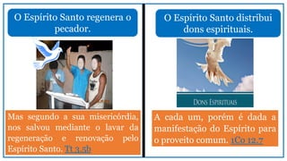 O Espírito Santo regenera o
pecador.
Mas segundo a sua misericórdia,
nos salvou mediante o lavar da
regeneração e renovação pelo
Espírito Santo. Tt 3.5b
O Espírito Santo distribui
dons espirituais.
A cada um, porém é dada a
manifestação do Espírito para
o proveito comum. 1Co 12.7
 