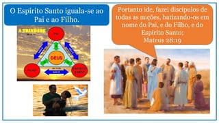 O Espírito Santo iguala-se ao
Pai e ao Filho.
Portanto ide, fazei discípulos de
todas as nações, batizando-os em
nome do Pai, e do Filho, e do
Espírito Santo;
Mateus 28:19
 
