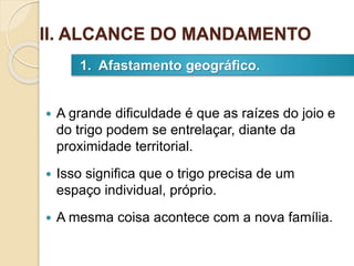  A grande dificuldade é que as raízes do joio e
do trigo podem se entrelaçar, diante da
proximidade territorial.
 Isso significa que o trigo precisa de um
espaço individual, próprio.
 A mesma coisa acontece com a nova família.
1. Afastamento geográfico.
II. ALCANCE DO MANDAMENTO
 