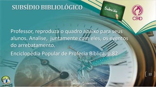 22
Professor, reproduza o quadro abaixo para seus
alunos. Analise, juntamente com eles, os eventos
do arrebatamento.
Enciclopédia Popular de Profecia Bíblica, p.82
 