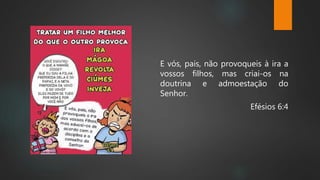 E vós, pais, não provoqueis à ira a
vossos filhos, mas criai-os na
doutrina e admoestação do
Senhor.
Efésios 6:4
 