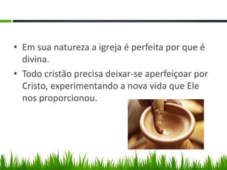 • Em sua natureza a igreja é perfeita por que é
  divina.
• Todo cristão precisa deixar-se aperfeiçoar por
  Cristo, experimentando a nova vida que Ele
  nos proporcionou.
 