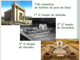 1º O templo de Salomão
2º O templo
de Zorobabel
3º O templo
de Herodes
Três momentos
da história do povo de Deus
 