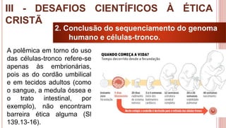 32
2. Conclusão do sequenciamento do genoma
humano e células-tronco.
A polêmica em torno do uso
das células-tronco refere-se
apenas às embrionárias,
pois as do cordão umbilical
e em tecidos adultos (como
o sangue, a medula óssea e
o trato intestinal, por
exemplo), não encontram
barreira ética alguma (Sl
139.13-16).
III - DESAFIOS CIENTÍFICOS À ÉTICA
CRISTÃ
 