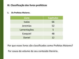 III. Classificação dos livros proféticosOs Profetas Maiores.Por que esses livros são classificados como Profetas Maiores?Por causa do volume do seu conteúdo literário.