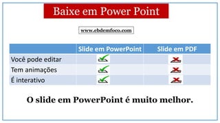 Baixe em Power Point
Slide em PowerPoint Slide em PDF
Você pode editar
Tem animações
É interativo
O slide em PowerPoint é muito melhor.
www.ebdemfoco.com
 