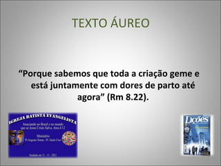 TEXTO ÁUREO
“Porque sabemos que toda a criação geme e
está juntamente com dores de parto até
agora” (Rm 8.22).
 