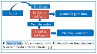 Igreja
Do Grego
chamado para fora.
Vem do verbo
Εκκλησία
(ekklesía)
E chamaram a Ló, e disseram-lhe: Onde estão os homens que a
ti vieram nesta noite? Gênesis 19:5
Εκκαλέω
(ekkaleo)
Chamar, convocar.
 