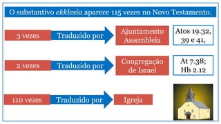 O substantivo ekklesía aparece 115 vezes no Novo Testamento.
Igreja110 vezes
Atos 19.32,
39 e 41,
Traduzido por
Ajuntamento
Assembleia
3 vezes Traduzido por
At 7.38;
Hb 2.12
Congregação
de Israel
2 vezes Traduzido por
 