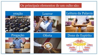 Os principais elementos de um culto são:
oração Louvor Leitura da Palavra
Pregação Oferta Dons de Espírito
 