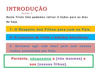 INTRODUÇÃO
(co nt.)
Portanto, eduquemos a [nós mesmos] e
aos [nossos filhos].
3- D evemos agir com amor para com nossos
irmãos acomet idos por f alt a .
2- O consumo de vinho e bebidas Alcoólicas.
1- O Respeito dos Filhos para com os Pais.
Deste Triste fato podemos retirar 3 lições p ara o s d ias
d e h oj e
 