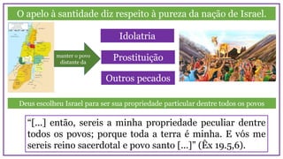 O apelo à santidade diz respeito à pureza da nação de Israel.
“[...] então, sereis a minha propriedade peculiar dentre
todos os povos; porque toda a terra é minha. E vós me
sereis reino sacerdotal e povo santo [...]” (Êx 19.5,6).
Idolatria
Prostituição
Outros pecados
manter o povo
distante da
Deus escolheu Israel para ser sua propriedade particular dentre todos os povos
 