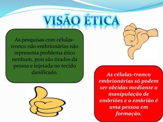 As pesquisas com células-
tronco não embrionárias não
representa problema ético
nenhum, pois são tirados da
pessoa e injetada no tecido
danificado. As células-tronco
embrionárias só podem
ser obtidas mediante a
manipulação de
embriões e o embrião é
uma pessoa em
formação.
 