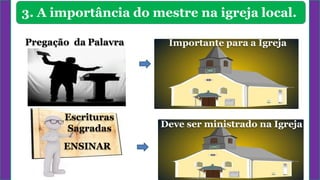 3. A importância do mestre na igreja local.
Importante para a Igreja
Pregação da Palavra
Deve ser ministrado na Igreja
Escrituras
Sagradas
ENSINAR
 