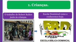 1. Crianças.
O trabalho de Robert Raikes
junto às crianças.
Escola Dominical como a
conhecemos hoje.
 