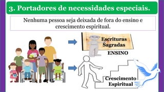 3. Portadores de necessidades especiais.
Nenhuma pessoa seja deixada de fora do ensino e
crescimento espiritual.
ENSINO
Escrituras
Sagradas
Crescimento
Espiritual
 