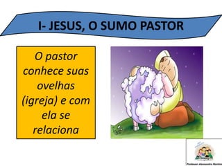 I- JESUS, O SUMO PASTOR
O pastor
conhece suas
ovelhas
(igreja) e com
ela se
relaciona
 