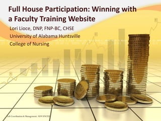 Full House Participation: Winning with
a Faculty Training Website
Lori Lioce, DNP, FNP-BC, CHSE
University of Alabama Huntsville
College of Nursing
Lab Coordination & Management: ADVANCED
 
