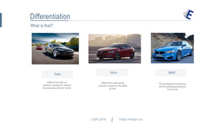 What is that?
Differentiation
Tesla Volvo BMW
Different from other car
producers, because it’s market is
Business class electricity vehicle
Different from other vehicle
producers, because it’s the safest
car ever.
The car designed to provide you
with the outstanding experience
for the driver
LIOF 2016 https://elogic.co hey@elogic.co
 