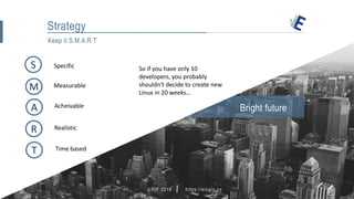 LIOF 2016 https://elogic.co
Keep it S.M.A.R.T
Strategy
Bright future
M
Specific
A
R
S
T
Measurable
Acheivable
Realistic
Time based
So if you have only 10
developers, you probably
shouldn't decide to create new
Linux in 20 weeks…
hey@elogic.co
 