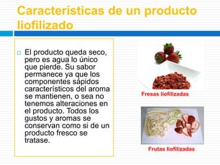Características de un producto 
liofilizado 
 El producto queda seco, 
pero es agua lo único 
que pierde. Su sabor 
permanece ya que los 
componentes sápidos 
característicos del aroma 
se mantienen, o sea no 
tenemos alteraciones en 
el producto. Todos los 
gustos y aromas se 
conservan como si de un 
producto fresco se 
tratase. 
Fresas liofilizadas 
Frutas liofilizadas 
 