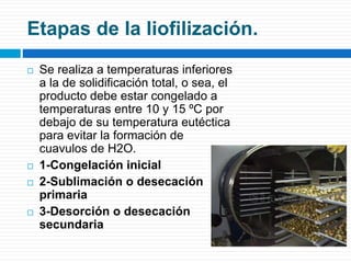 Etapas de la liofilización. 
 Se realiza a temperaturas inferiores 
a la de solidificación total, o sea, el 
producto debe estar congelado a 
temperaturas entre 10 y 15 ºC por 
debajo de su temperatura eutéctica 
para evitar la formación de 
cuavulos de H2O. 
 1-Congelación inicial 
 2-Sublimación o desecación 
primaria 
 3-Desorción o desecación 
secundaria 
 