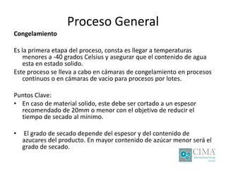 Proceso General
Congelamiento
Es la primera etapa del proceso, consta es llegar a temperaturas
menores a -40 grados Celsius y asegurar que el contenido de agua
esta en estado solido.
Este proceso se lleva a cabo en cámaras de congelamiento en procesos
continuos o en cámaras de vacio para procesos por lotes.
Puntos Clave:
• En caso de material solido, este debe ser cortado a un espesor
recomendado de 20mm o menor con el objetivo de reducir el
tiempo de secado al mínimo.
• El grado de secado depende del espesor y del contenido de
azucares del producto. En mayor contenido de azúcar menor será el
grado de secado.
 