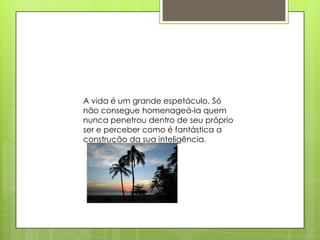 A vida é um grande espetáculo. Só
não consegue homenageá-la quem
nunca penetrou dentro de seu próprio
ser e perceber como é fantástica a
construção da sua inteligência.
 