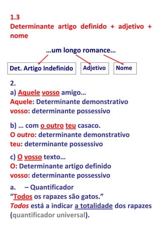 1.3
Determinante artigo definido + adjetivo +
nome
            …um longo romance…

Det. Artigo Indefinido   Adjetivo   Nome

2.
a) Aquele vosso amigo…
Aquele: Determinante demonstrativo
vosso: determinante possessivo
b) … com o outro teu casaco.
O outro: determinante demonstrativo
teu: determinante possessivo
c) O vosso texto…
O: Determinante artigo definido
vosso: determinante possessivo
a. – Quantificador
“Todos os rapazes são gatos.”
Todos está a indicar a totalidade dos rapazes
(quantificador universal).
 