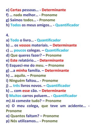 e) Certas pessoas… - Determinante
f) … nada melhor… - Pronome
g) Saímos todos… - Pronome
h) Todos os meus amigos… - Quantificador

4.
a) Todo o livro… - Quantificador
b) … os vossos materiais. – Determinante
c) … poucos colegas. – Quantificador
d) Que queres fazer? – Pronome
e) Este relatório… - Determinante
f) Esqueci-me do meu. – Pronome
g) …a minha família. – Determinante
h) … aquilo. – Pronome
i) Ninguém faltou… - Pronome
j) … três livros novos. – Quantificador
k) … com esse cão. – Determinante
l) Muitos carros poluem… - Quantificador
m) Já comeste tudo? – Pronome
n) O meu colega, que teve um acidente… -
Pronome
o) Quantos faltam? – Pronome
p) Nós utilizamos… - Pronome
 
