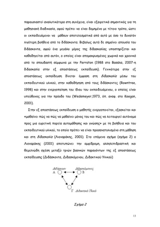 παρουσιαστεί αναλυτικότερα στη συνέχεια, είναι εξαιρετικά σημαντικός για τη

μαθησιακή διαδικασία, αφού πρέπει να είναι δομημένο με τέτοιο τρόπο, ώστε

οι εκπαιδευόμενοι να μάθουν αποτελεσματικά από αυτό με όσο το δυνατόν

λιγότερη βοήθεια από το διδάσκοντα. Βεβαίως αυτό δε σημαίνει απουσία του

διδάσκοντα, αφού ένα μεγάλο μέρος της διδασκαλίας υποστηρίζεται και

καθοδηγείται από αυτόν, ο οποίος είναι απομακρυσμένος χωρικά και χρονικά

από το σπουδαστή σύμφωνα με την Perraton (1988 στο Βασάλα, 2007-η

διδασκαλία   στην   εξ   αποστάσεως    εκπαίδευση).    Γενικότερα    στην    εξ

αποστάσεως    εκπαίδευση    δίνεται   έμφαση   στη    διδασκαλία    μέσω    του

εκπαιδευτικού υλικού, στην καθοδήγηση από τους διδάσκοντες (Rowntree,

1998) και στην ενεργοποίηση του ίδιου του εκπαιδευόμενου, ο οποίος είναι

υπεύθυνος για την πρόοδο του (Wedemeyer,1973, όπ. αναφ. στο Keegan,

2001).

  Στην εξ αποστάσεως εκπαίδευση ο μαθητής ενεργοποιείται, εξασκείται και

«μαθαίνει πώς να πώς να μαθαίνει μόνος του και πώς να λειτουργεί αυτόνομα

προς μια ευρετική πορεία αυτομάθησης και γνώσης» με τη βοήθεια και του

εκπαιδευτικού υλικού, το οποίο πρέπει να είναι προσανατολισμένο στη μάθηση

και στη διδασκαλία (Λιοναράκης, 2001). Στο επόμενο σχήμα (σχήμα 2) ο

Λιοναράκης (2001) αποτυπώνει την αμφίδρομη, αλληλεπιδραστική και

θεμελιώδη σχέση μεταξύ τριών βασικών παραγόντων της εξ αποστάσεως

εκπαίδευσης (Διδάσκοντα, Διδασκόμενου, Διδακτικού Υλικού)




                                  Σχήμα 2


                                                                             13
 