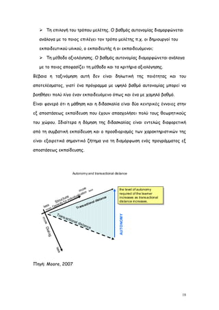 Τη επιλογή του τρόπου μελέτης. Ο βαθμός αυτονομίας διαμορφώνεται

   ανάλογα με το ποιος επιλέγει τον τρόπο μελέτης π.χ. οι δημιουργοί του

   εκπαιδευτικού υλικού, ο εκπαιδευτής ή οι εκπαιδευόμενοι;

    Τη μέθοδο αξιολόγησης. Ο βαθμός αυτονομίας διαμορφώνεται ανάλογα

   με το ποιος αποφασίζει τη μέθοδο και τα κριτήρια αξιολόγησης.

Βέβαια η ταξινόμηση αυτή δεν είναι δηλωτική της ποιότητας και του

αποτελέσματος, γιατί ένα πρόγραμμα με υψηλό βαθμό αυτονομίας μπορεί να

βοηθήσει πολύ λίγο έναν εκπαιδευόμενο όπως και ένα με χαμηλό βαθμό.

Είναι φανερό ότι η μάθηση και η διδασκαλία είναι δύο κεντρικές έννοιες στην

εξ αποστάσεως εκπαίδευση που έχουν απασχολήσει πολύ τους θεωρητικούς

του χώρου. Ιδιαίτερα η δόμηση της διδασκαλίας είναι εντελώς διαφορετική

από τη συμβατική εκπαίδευση και ο προσδιορισμός των χαρακτηριστικών της

είναι εξαιρετικά σημαντικό ζήτημα για τη διαμόρφωση ενός προγράμματος εξ

αποστάσεως εκπαίδευσης.




                              Autonomy and transactional distance



                                        re                       the level of autonomy
                                     mo n     l es
                                                     s            the level of autonomy
                                      tio                        required of the learner
                                   iz a                           required of the learner
                                ual
                   c turendiv id                      ist a
                                                           nce   increases as transactional
                                                                  increases as transactional
                truy f or i
              S it                             n al d            distance increases.
                                                                  distance increases.
        s      ac                         ct io
     les re Cap                       ns a
                                 Tr a
       mo

                Tra
                                                                 AUTONOMY




                   ns a
                       c
    mo




                           t ion
                                al d
     re D




                                    is   t an
                                             ce
         ia
         l og

                l es
                    s




Πηγή: Moore, 2007




                                                                                               18
 