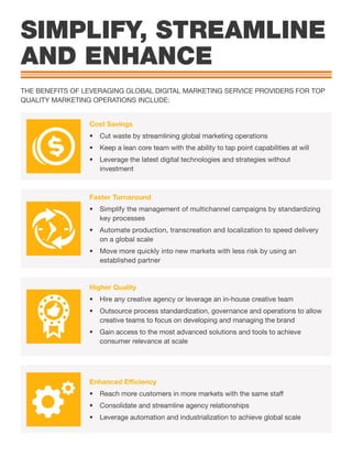 THE BENEFITS OF LEVERAGING GLOBAL DIGITAL MARKETING SERVICE PROVIDERS FOR TOP
QUALITY MARKETING OPERATIONS INCLUDE:
Cost Savings
•	 Cut waste by streamlining global marketing operations
•	 Keep a lean core team with the ability to tap point capabilities at will
•	 Leverage the latest digital technologies and strategies without
investment
Faster Turnaround
•	 Simplify the management of multichannel campaigns by standardizing
key processes
•	 Automate production, transcreation and localization to speed delivery
on a global scale
•	 Move more quickly into new markets with less risk by using an
established partner
Enhanced Efficiency
•	 Reach more customers in more markets with the same staff
•	 Consolidate and streamline agency relationships
•	 Leverage automation and industrialization to achieve global scale
Higher Quality
•	 Hire any creative agency or leverage an in-house creative team
•	 Outsource process standardization, governance and operations to allow
creative teams to focus on developing and managing the brand
•	 Gain access to the most advanced solutions and tools to achieve
consumer relevance at scale
SIMPLIFY, STREAMLINE
AND ENHANCE
 