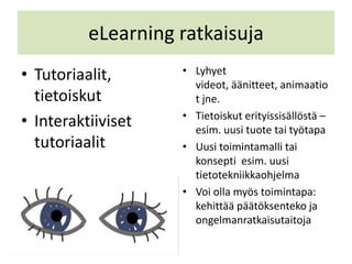 eLearning ratkaisuja
• Tutoriaalit,      • Lyhyet
                      videot, äänitteet, animaatio
  tietoiskut          t jne.
                    • Tietoiskut erityissisällöstä –
• Interaktiiviset     esim. uusi tuote tai työtapa
  tutoriaalit       • Uusi toimintamalli tai
                      konsepti esim. uusi
                      tietotekniikkaohjelma
                    • Voi olla myös toimintapa:
                      kehittää päätöksenteko ja
                      ongelmanratkaisutaitoja
 