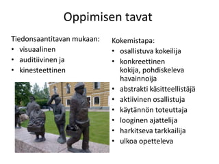 Oppimisen tavat
Tiedonsaantitavan mukaan:   Kokemistapa:
• visuaalinen               • osallistuva kokeilija
• auditiivinen ja           • konkreettinen
• kinesteettinen              kokija, pohdiskeleva
                              havainnoija
                            • abstrakti käsitteellistäjä
                            • aktiivinen osallistuja
                            • käytännön toteuttaja
                            • looginen ajattelija
                            • harkitseva tarkkailija
                            • ulkoa opetteleva
 
