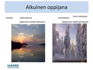 Aikuinen oppijana
                                                    kiinni vanhassa
innokas   motivoitunut                perinteinen
          oppimisen taidot olemassa      Oppimisen taidot puuttuvat
 
