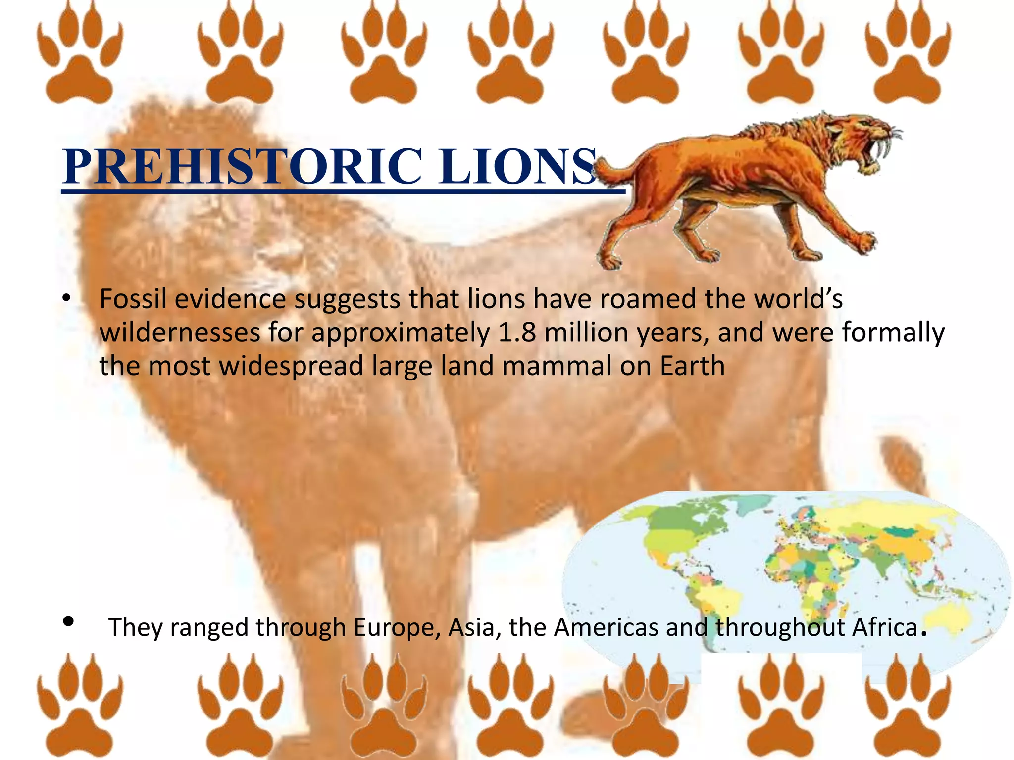 PREHISTORIC LIONS..
• Fossil evidence suggests that lions have roamed the world’s
wildernesses for approximately 1.8 million years, and were formally
the most widespread large land mammal on Earth
• They ranged through Europe, Asia, the Americas and throughout Africa.
 