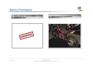 Battery Prototyping

    Battery pack for research vehicle,                                         Battery pack for E-Trail (GasGas)
     confidential client




                                                           © LION E-Mobility AG
June 2012                          All rights reserved. Confidential Business / Proprietary Information.             14
 