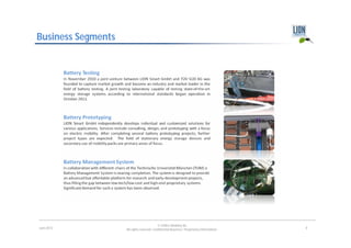 Business Segments




                                            © LION E-Mobility AG
June 2012           All rights reserved. Confidential Business / Proprietary Information.   8
 
