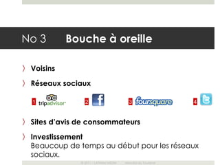 No 3        Bouche à oreille

〉 Voisins

〉 Réseaux sociaux

  1              2                       3                   4


〉 Sites d’avis de consommateurs

〉 Investissement
  Beaucoup de temps au début pour les réseaux
  sociaux.
               © 2011 – LATHAM MEDIA   Mondial du Tourisme
 