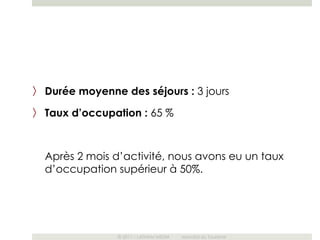 〉 Durée moyenne des séjours : 3 jours

〉 Taux d’occupation : 65 %



  Après 2 mois d’activité, nous avons eu un taux
  d’occupation supérieur à 50%.




                © 2011 – LATHAM MEDIA   Mondial du Tourisme
 