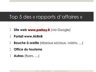 Top 5 des « rapports d’affaires »

〉 Site web www.parissy.fr (via Google)

〉 Portail www.AirBnB

〉 Bouche à oreille (réseaux sociaux, voisins, …)

〉 Office du tourisme

〉 Autres (flyers, …)



                 © 2011 – LATHAM MEDIA   Mondial du Tourisme
 
