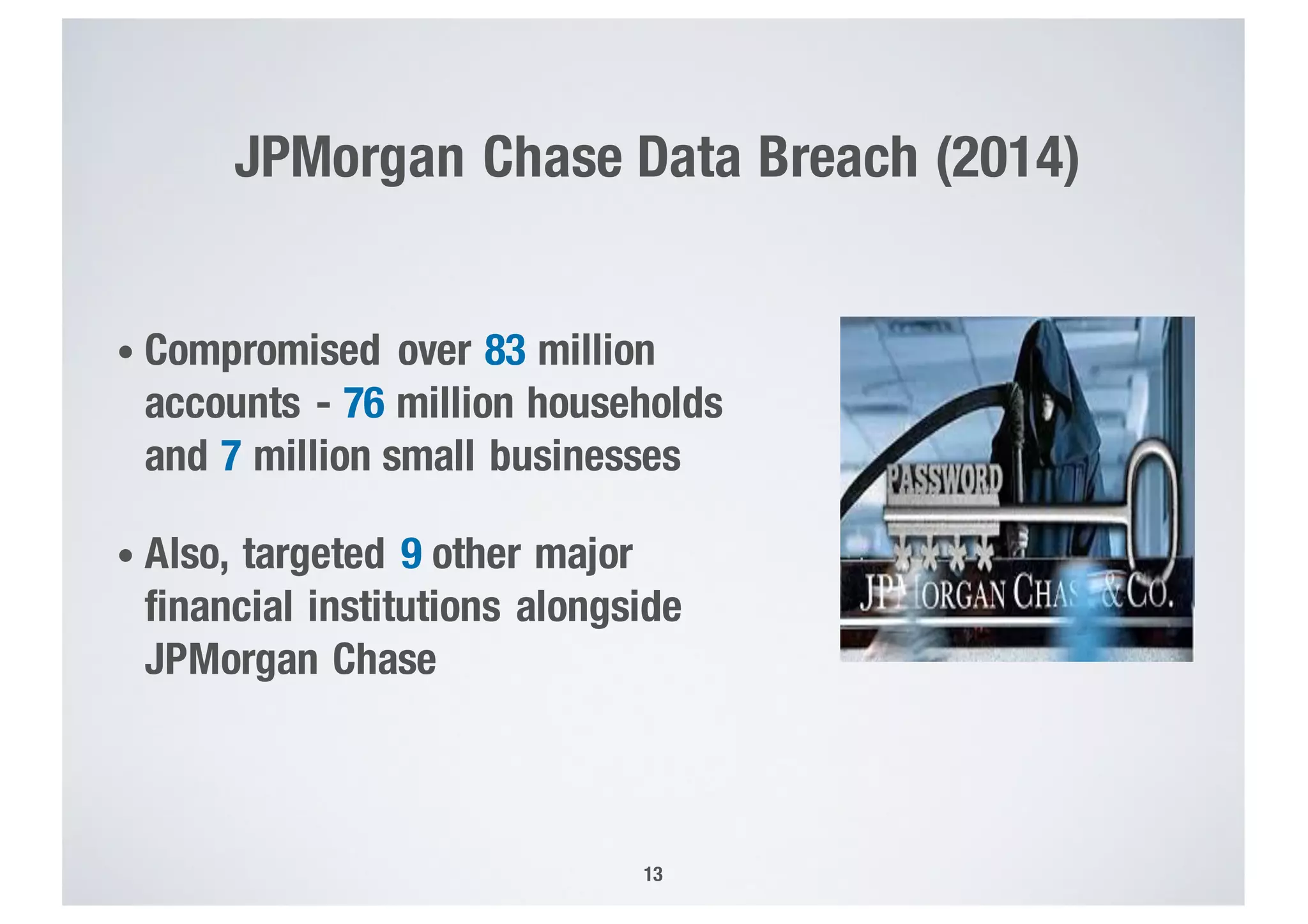 JPMorgan Chase Data Breach (2014)
13
• Compromised over 83 million
accounts - 76 million households
and 7 million small businesses
• Also, targeted 9 other major
financial institutions alongside
JPMorgan Chase
 