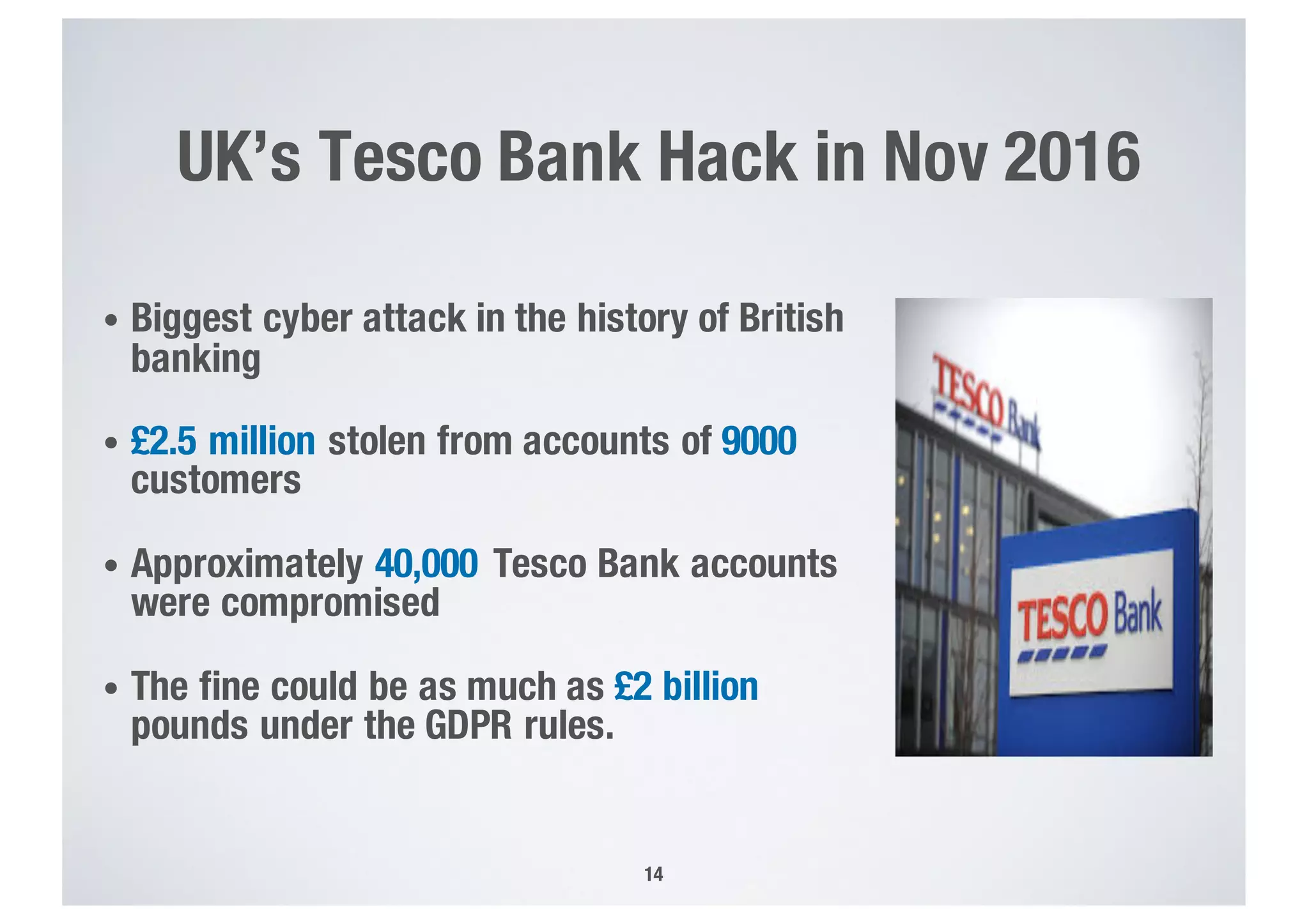 UK’s Tesco Bank Hack in Nov 2016
14
• Biggest cyber attack in the history of British
banking
• £2.5 million stolen from accounts of 9000
customers
• Approximately 40,000 Tesco Bank accounts
were compromised
• The fine could be as much as £2 billion
pounds under the GDPR rules.
 