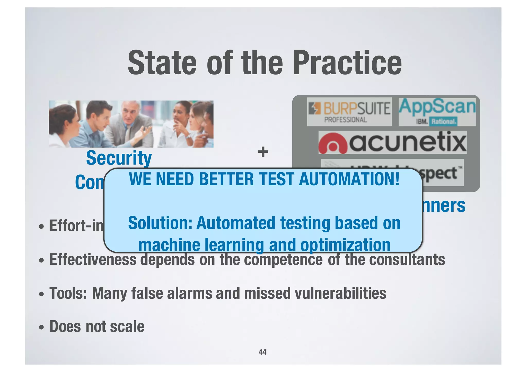 State of the Practice
• Effort-intensive
• Effectiveness depends on the competence of the consultants
• Tools: Many false alarms and missed vulnerabilities
• Does not scale
44
Security
Consultants
Security Scanners
+
WE NEED BETTER TEST AUTOMATION!
Solution: Automated testing based on
machine learning and optimization
 