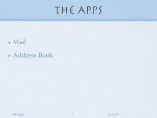 The Apps

Mail

Address Book




PM Burke         7        12/6/2011
 